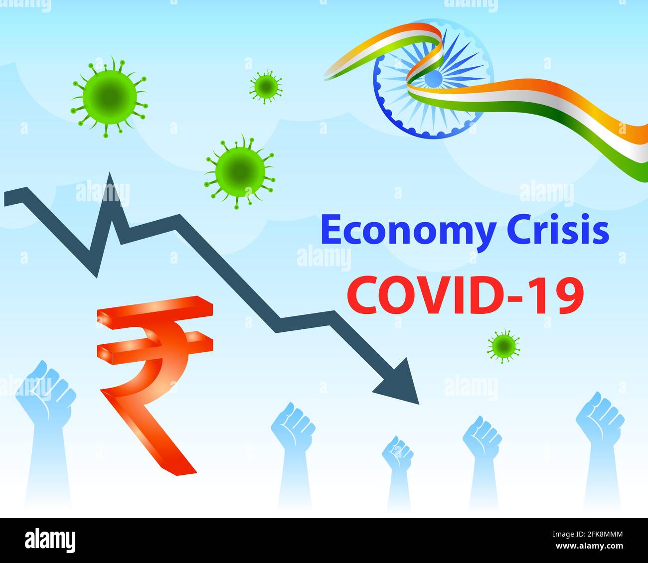 Impacto del coronavirus en la economía india. India luchará contra el puesto de medios sociales Covid-19. Ilustración vectorial Ilustración del Vector