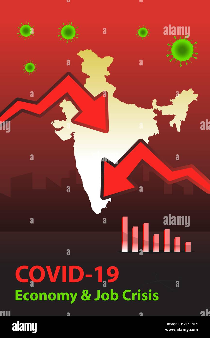 Impacto en la economía india debido al coronavirus. Crisis mundial pandémica de Covid-19 sobre economía y empleo. Sectores de empleo público y privado afectados. Ilustración del Vector