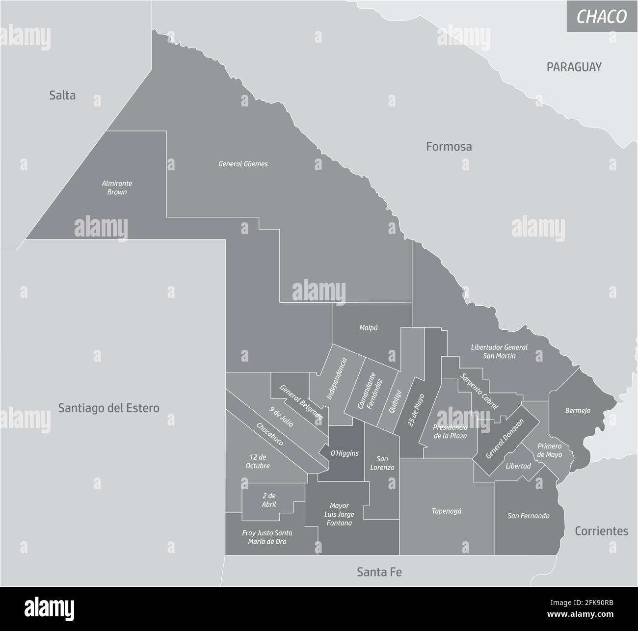 El mapa de la Provincia del Chaco dividido en departamentos con