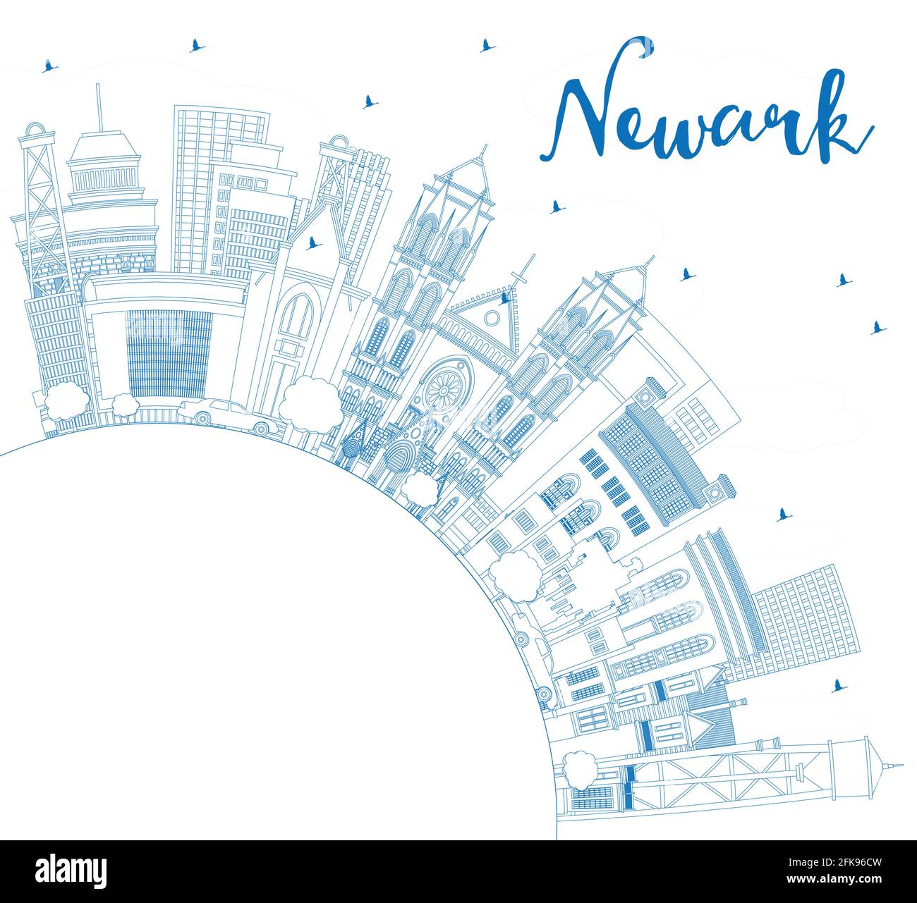 Contorno Skyline Newark New Jersey City con edificios azules y espacio de copia. Ilustración del Vector