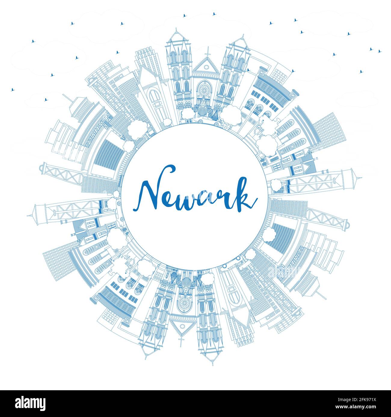 Perfile el horizonte de la ciudad de Newark de Nueva Jersey con edificios azules y espacio para copias. Ilustración vectorial. Ciudad de Newark con Monumentos. Ilustración del Vector