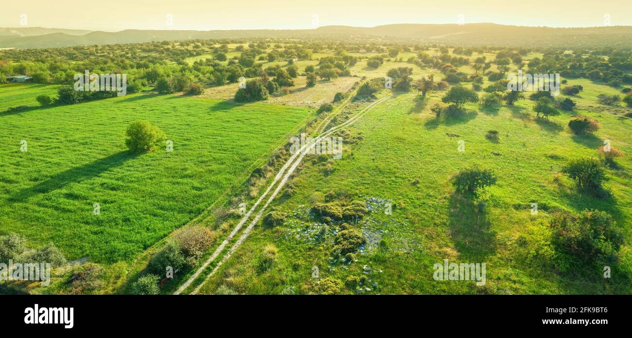 Carretera rural con huellas de ruedas en el área rural con campos verdes y árboles y colinas lejanas al atardecer. Panorama panorámico aéreo Foto de stock