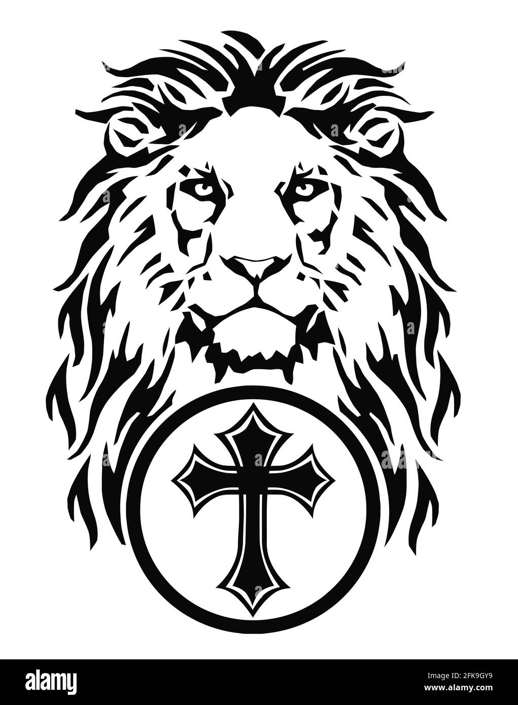 La cabeza del León y el símbolo del cristianismo - la cruz católica, dibujo  para tatuaje, sobre fondo blanco, ilustración, blanco y negro Fotografía de  stock - Alamy
