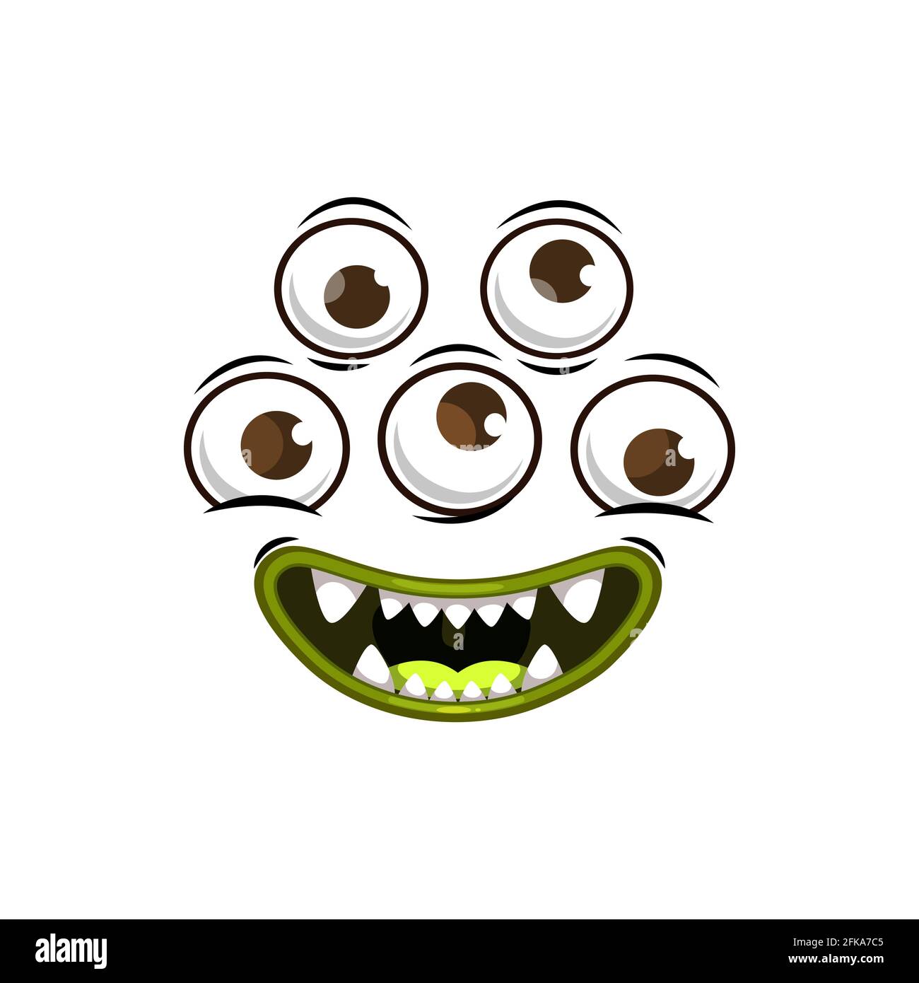 Icono de vector de caricatura de cara de monstruo, criatura espeluznante,  emoción con tres ojos redondos y boca toothy sonriente con colmillos.  Halloween alienígena spooky emoji iso Imagen Vector de stock -