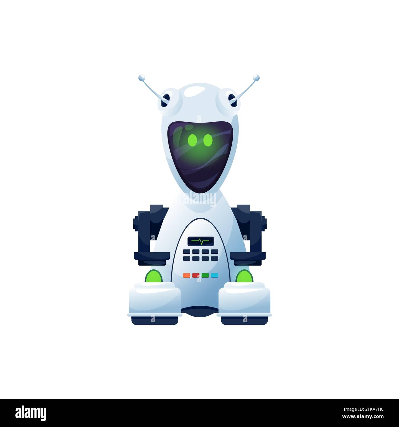 Personaje de cyborg de vector robot de dibujos animados. Tecnología de  inteligencia artificial, juguete amigable o bot con rostro digital  brillante, ojos verdes y corazón latir li Imagen Vector de stock -