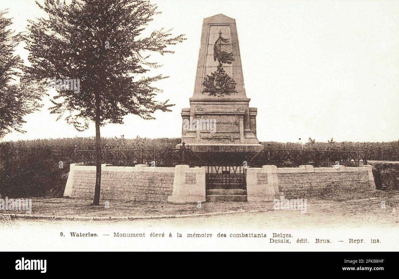 La Batalla de Waterloo: Monumento erigido en memoria de las tropas belgas. 18th de junio de 1815 París, Fondation Napoléon Foto de stock