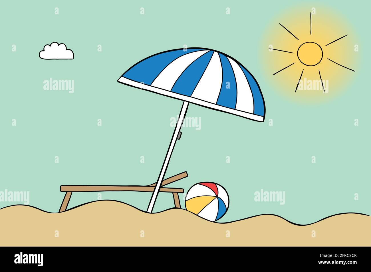Ilustración de vectores de dibujos animados de sombrilla, playa, clima  soleado, hamacas y pelota de mar. Contornos en color y negro Imagen Vector  de stock - Alamy
