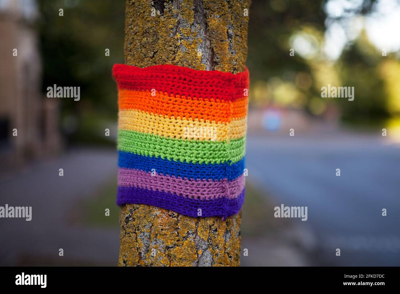 Un arcoiris de punto yarnbomb adorna un árbol para honrar el NHS durante el bloqueo del Coronavirus Foto de stock