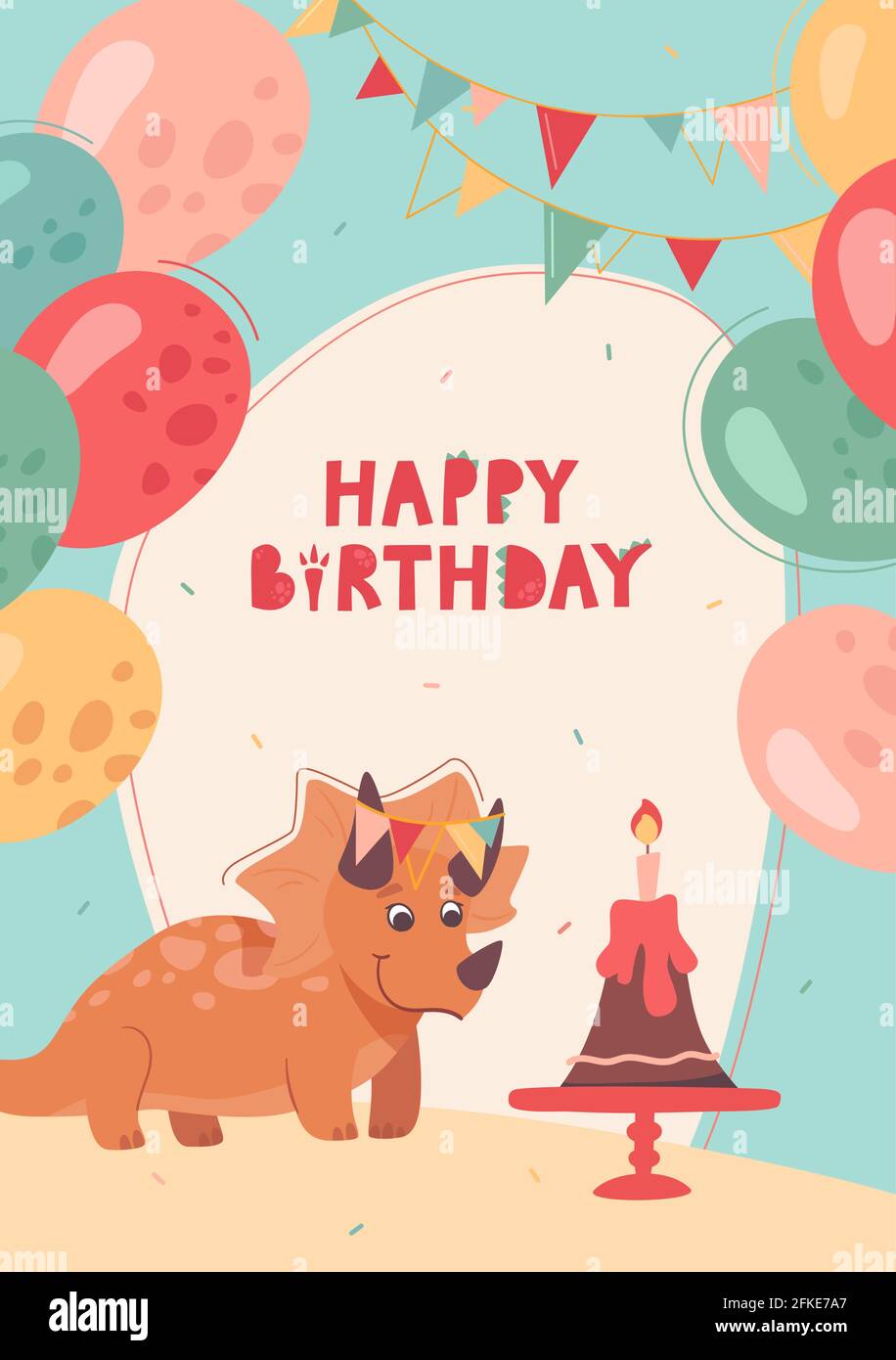 Tarjeta de cumpleaños para bebé. Lindo bebé Triceratops sopla la vela en su pastel  de volcán. Dino sonríe, celebración, diversión, regalos y avena. Divertida  tarjeta de felicitación vectorial para niños Imagen Vector