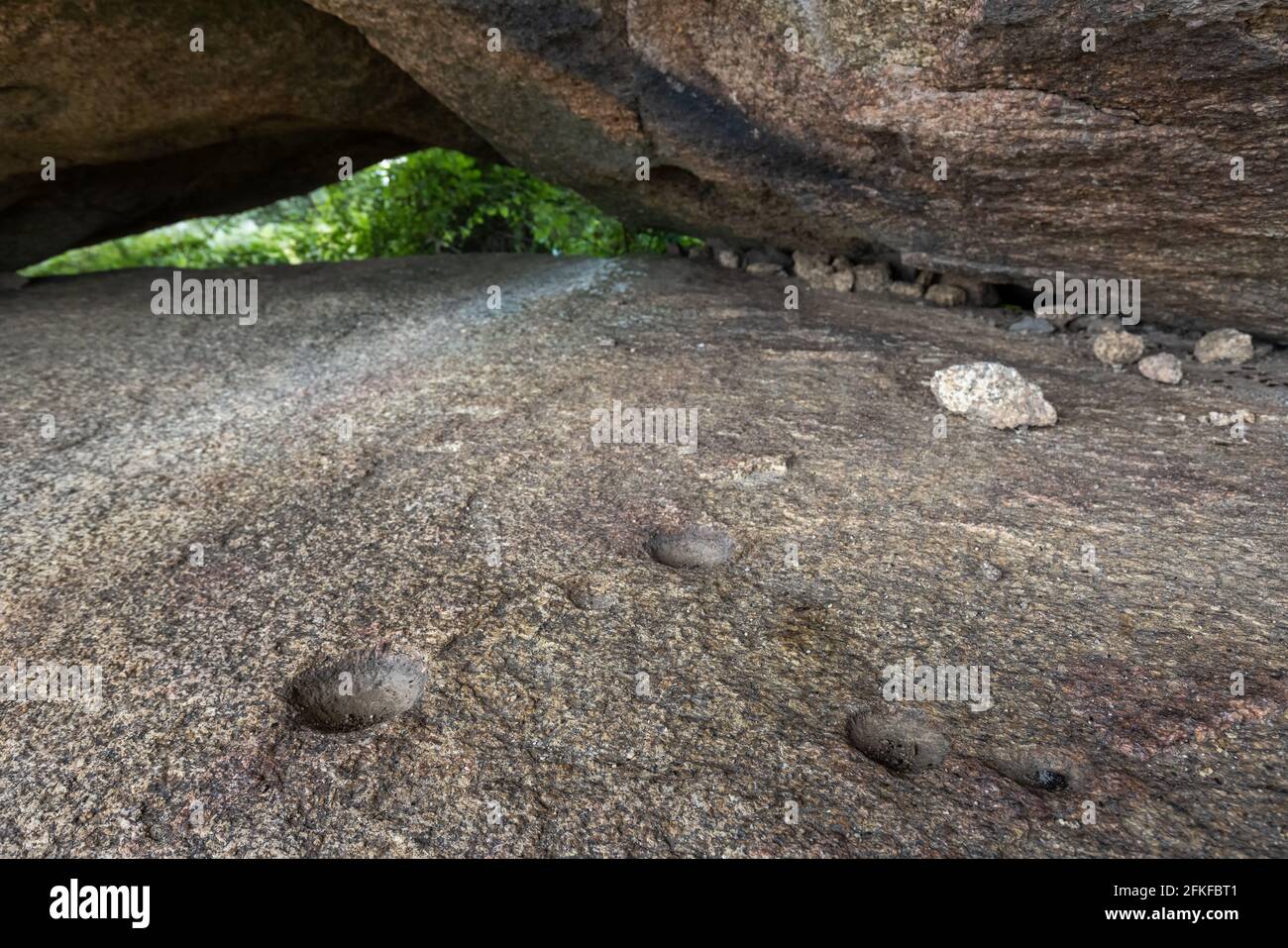 La copa prehistórica se marca en una pequeña cueva. Área Natural de Los Barruecos. España. Foto de stock