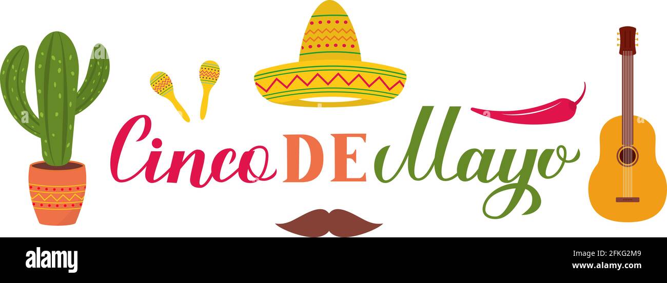 Letra del Cinco de Mayo con Sombrero, guitarra, cactus y maracas. Cartel tipográfico de la