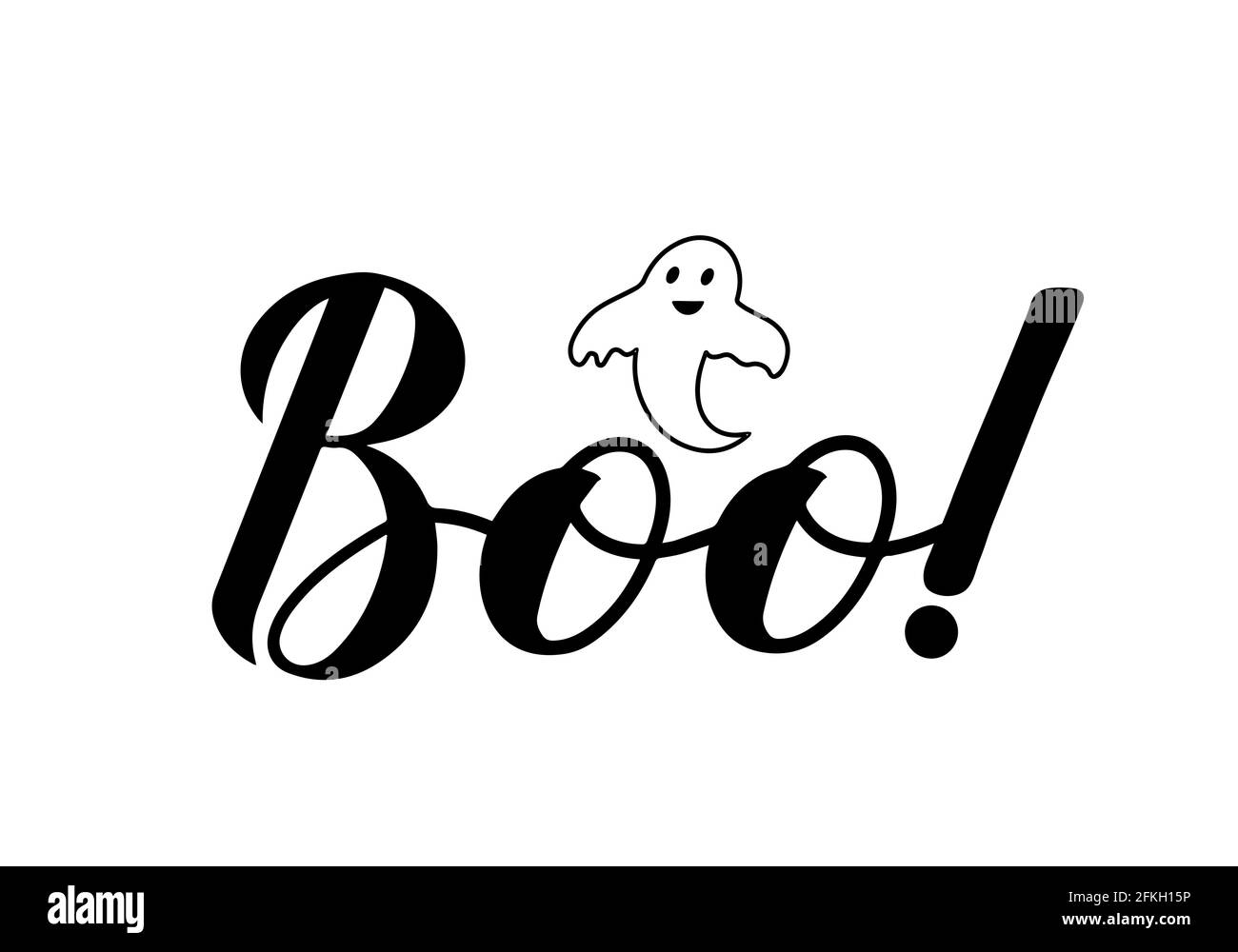 Letras de mano de Boo con un lindo fantasma de dibujos animados aislados en  blanco. Plantilla vectorial fácil de editar para tarjeta de felicitación de  Halloween, banner, póster tipográfico, par Imagen Vector