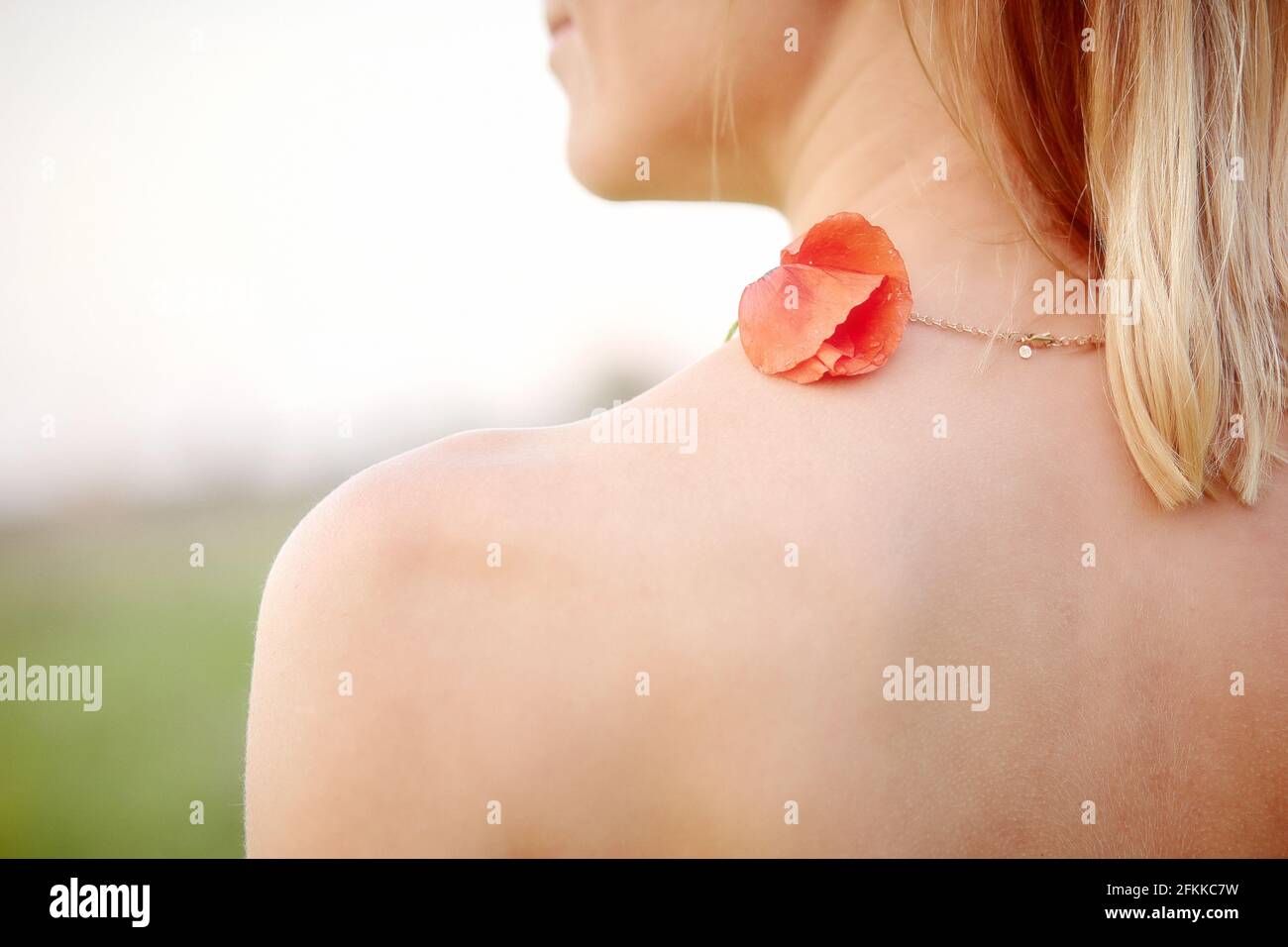 Hermoso hombro de mujer joven con flor roja de amapola. Espacio de copia. Verano delicado fondo. Fotografías de alta calidad Foto de stock