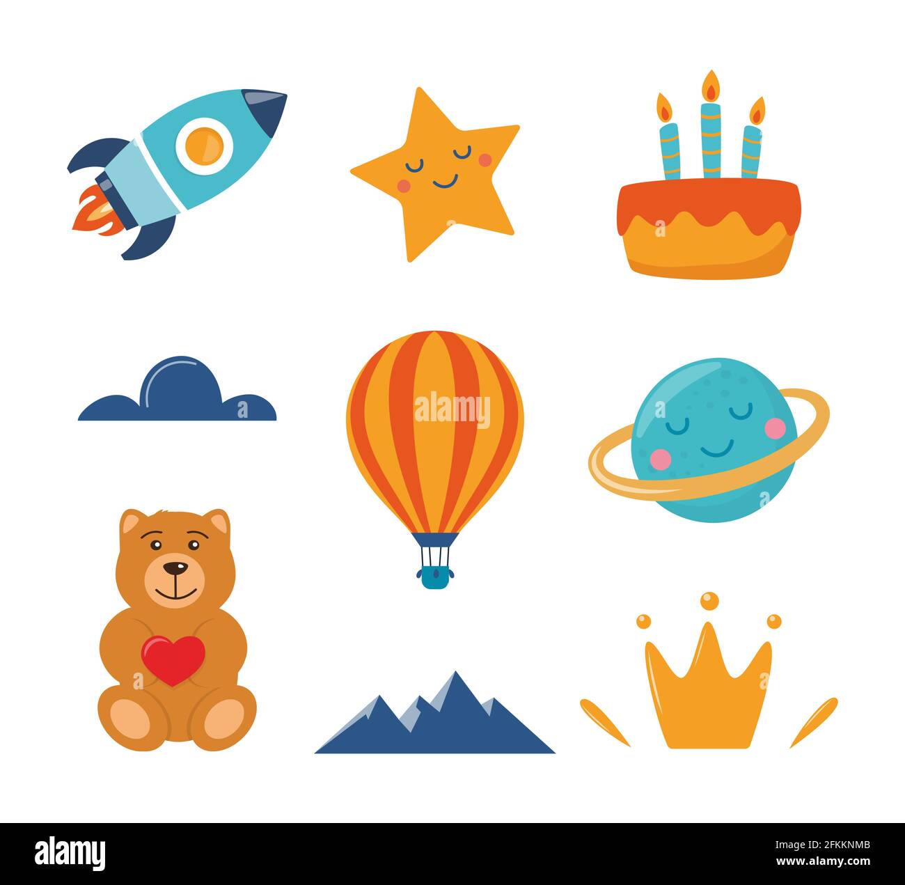 Elementos decorativos para niños: Cohete, estrella, planeta, oso de peluche, nube, pastel, aerostato. Ilustración de dibujos animados para tejidos de moda para niños, textil g Ilustración del Vector