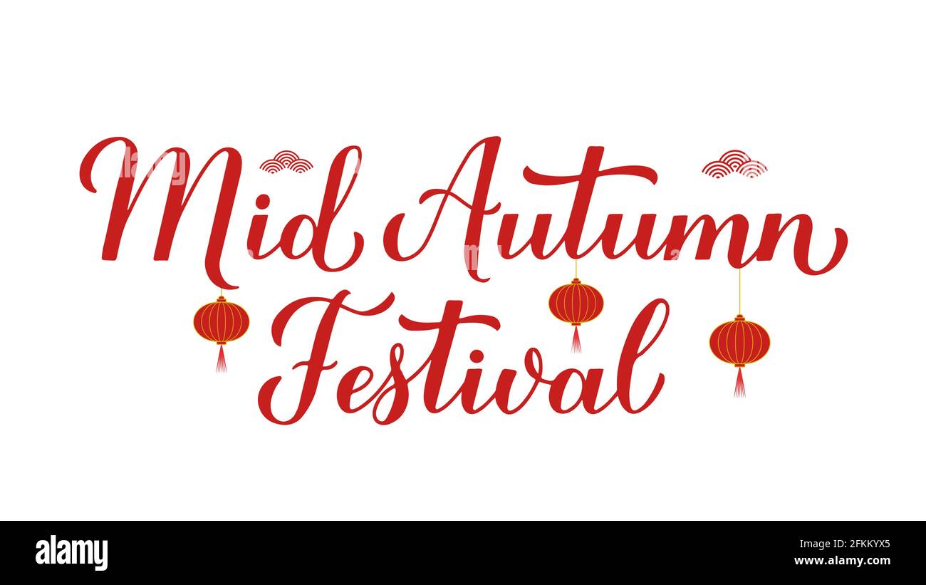 Mediados del Festival de Otoño caligrafía letras de mano aisladas sobre blanco. Vacaciones tradicionales chinas. Plantilla vectorial para póster tipográfico, tarjeta de felicitación, p Ilustración del Vector