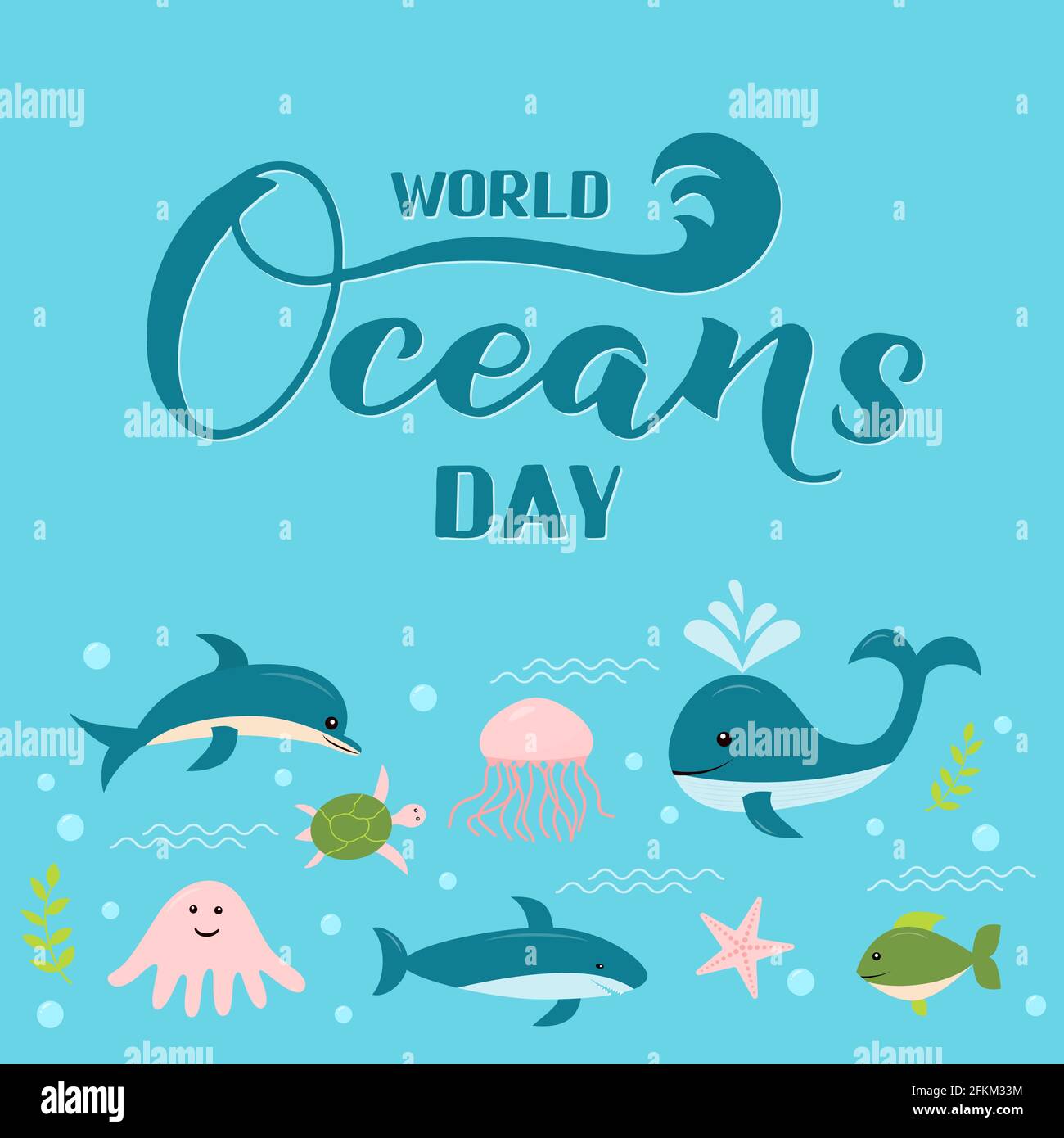 Caligrafía del Día Mundial de los Océanos con lindos dibujos animados  animales marinos. Concepto de conservación del medio ambiente. Plantilla  vectorial para póster tipográfico, ba Imagen Vector de stock - Alamy