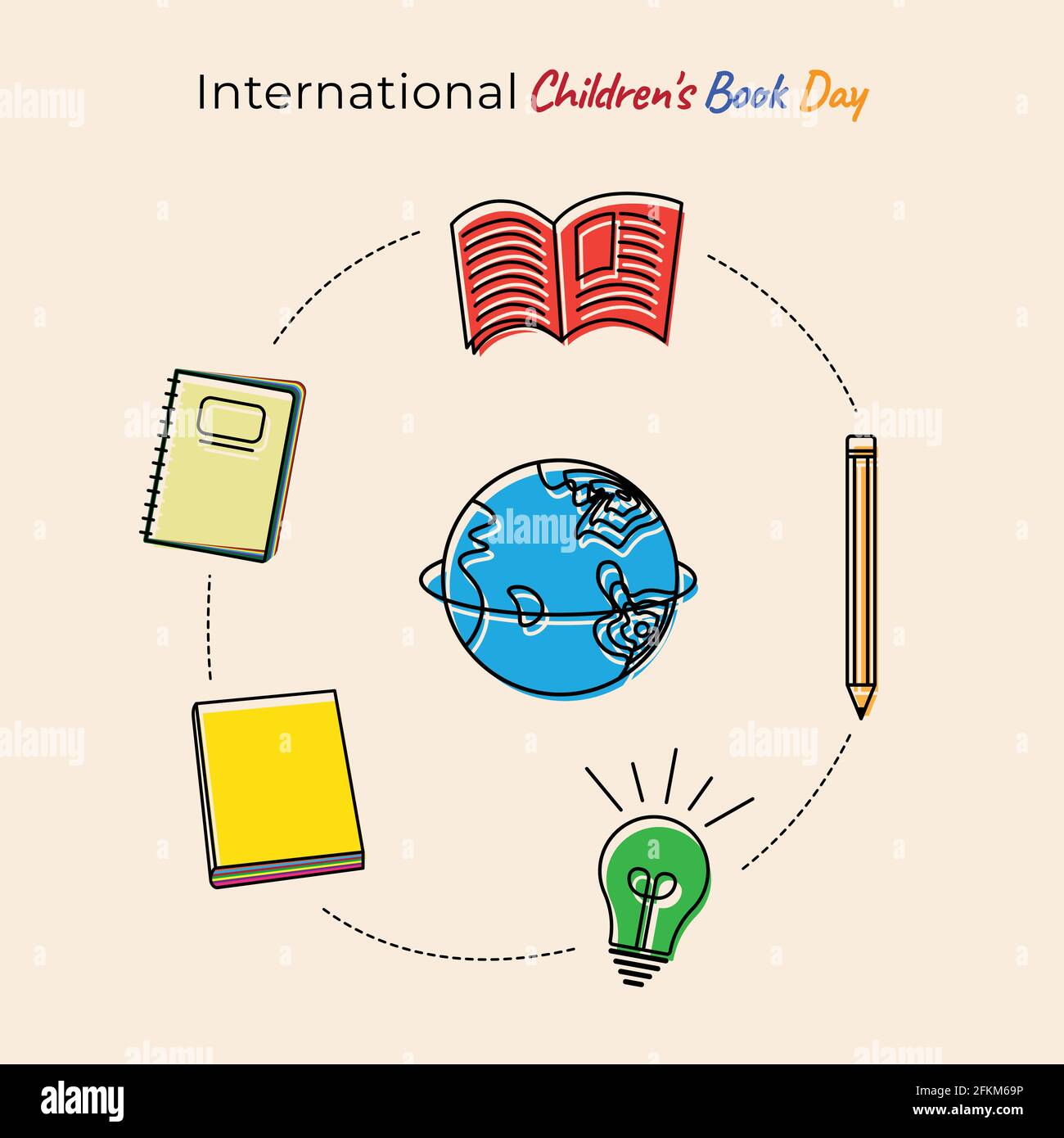 Diseño del día del libro internacional para niños con herramienta de educación de vuelo alrededor de la tierra. También una buena plantilla para el diseño educativo. Ilustración del Vector