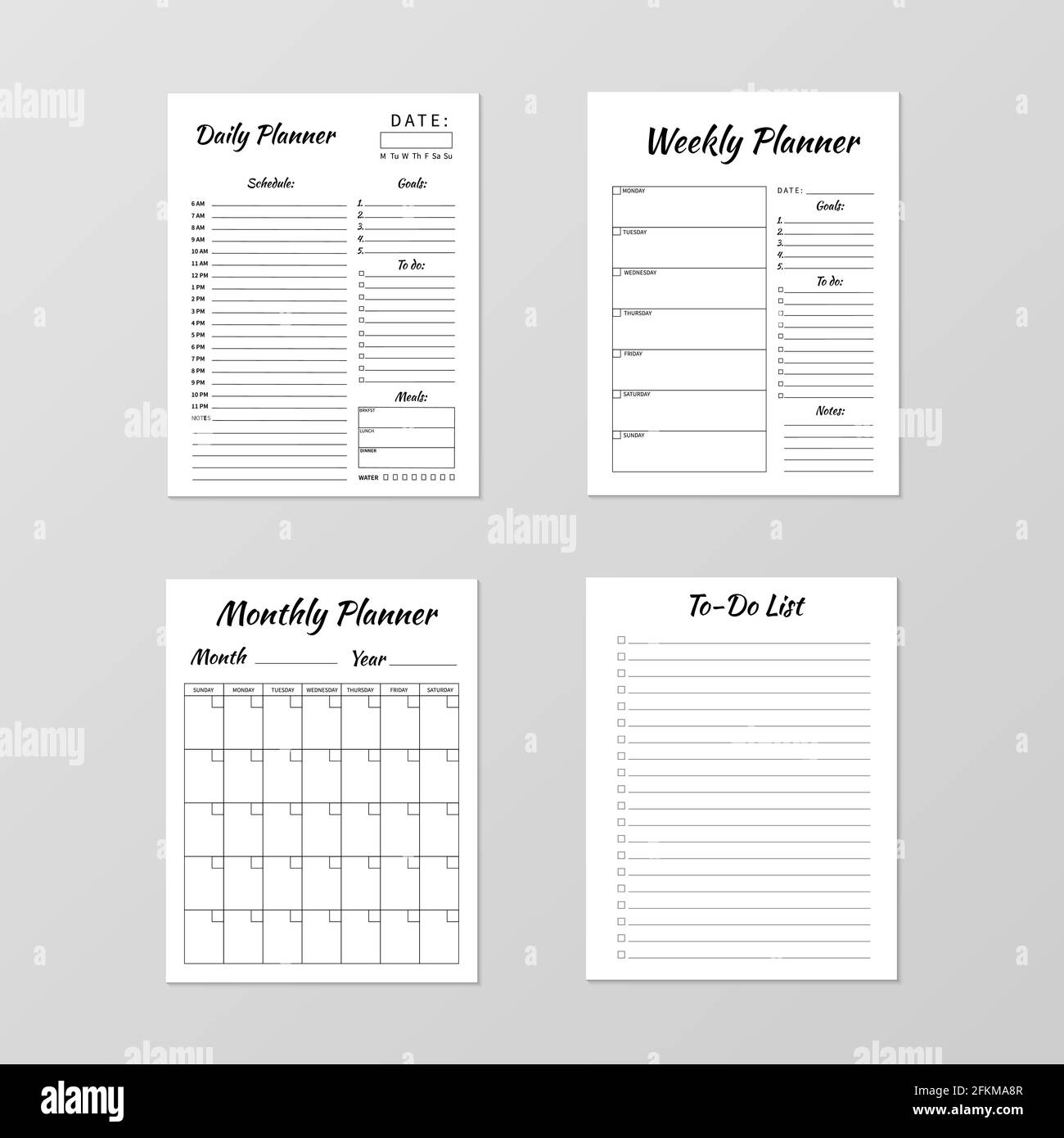 Planificador diario, mensual, plantilla de lista de tareas pendientes. Página del organizador empresarial. Conjunto planificadores minimalistas. Página blanca en blanco aislada gris Imagen Vector de stock - Alamy