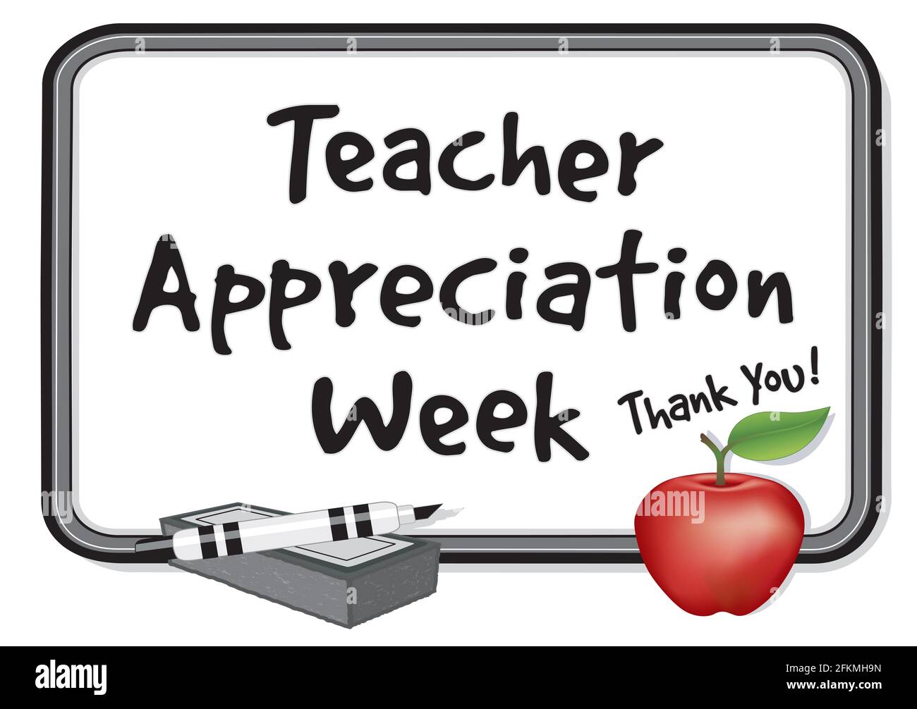 Semana de Apreciación del Maestro, ¡Gracias! Pizarra blanca, manzana roja, borrador y rotulador negro, para la escuela y el aula Foto de stock