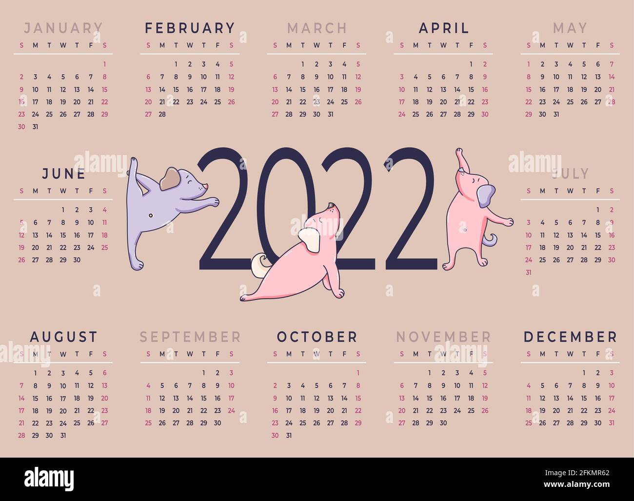 Calendario 2022. Plantilla horizontal para un año - 12 meses. Diseño - Yoga  para mascotas. Perros divertidos lindos están comprometidos en la  meditación y fitness.Vector illust Imagen Vector de stock - Alamy