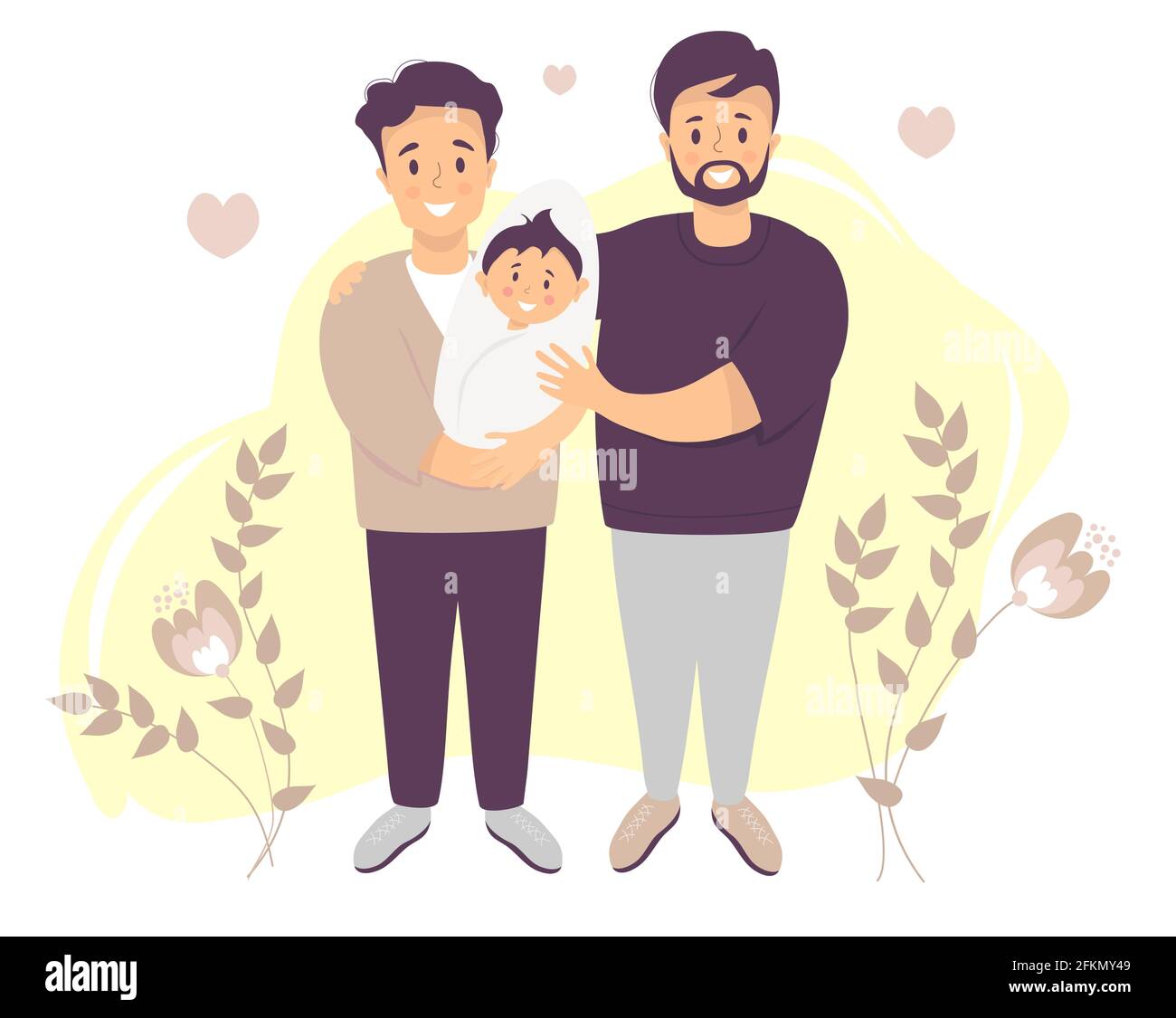 Pareja gay de sexo masculino que adopta a un bebé. Dos hombres felices sosteniendo a un nuevo hijo. Ilustración vectorial imagen