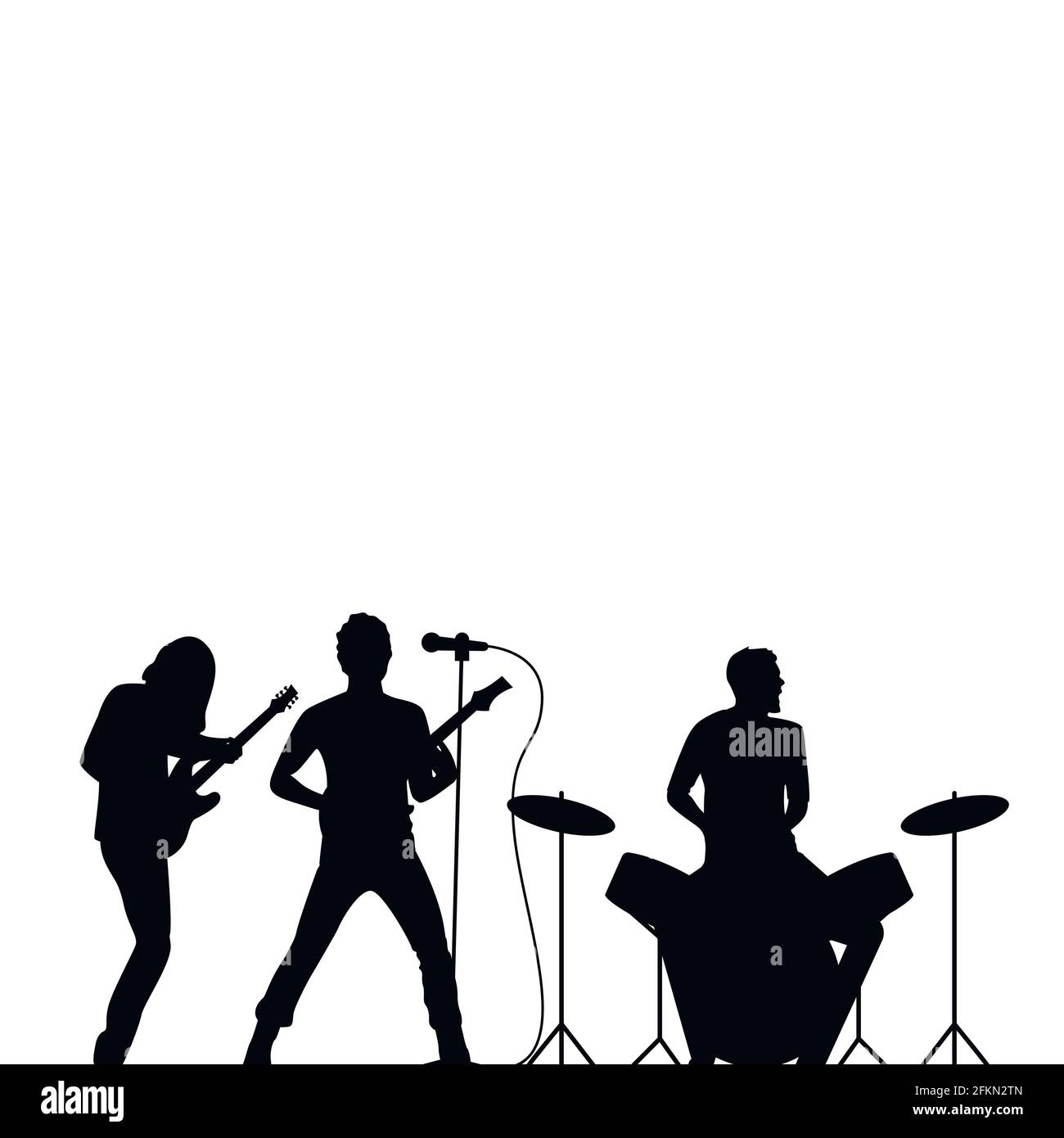 Batería de banda de rock, cantante y guitarrista silueta negra, papel tapiz de rock. Concierto de rock, banda musical, ilustración de la escena silueta vect Ilustración del Vector