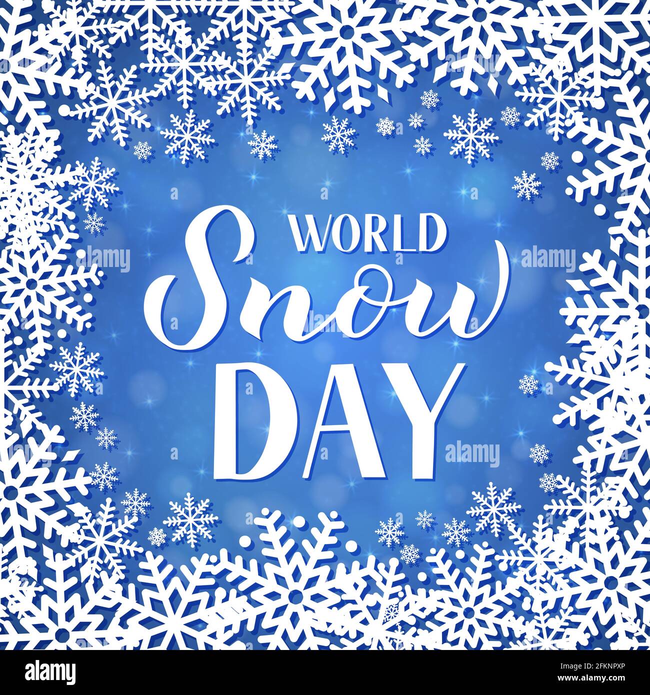 Letras de manos del Día Mundial de la Nieve con copos de nieve sobre fondo azul. Deportes de invierno y actividades concepto de ilustración vectorial. Plantilla fácil de editar para Imagen Vector Letras de manos del Día Mundial de la Nieve con copos de nieve sobre fondo azul. Deportes de invierno y actividades concepto de ilustración vectorial. Plantilla fácil de editar para Imagen Vector