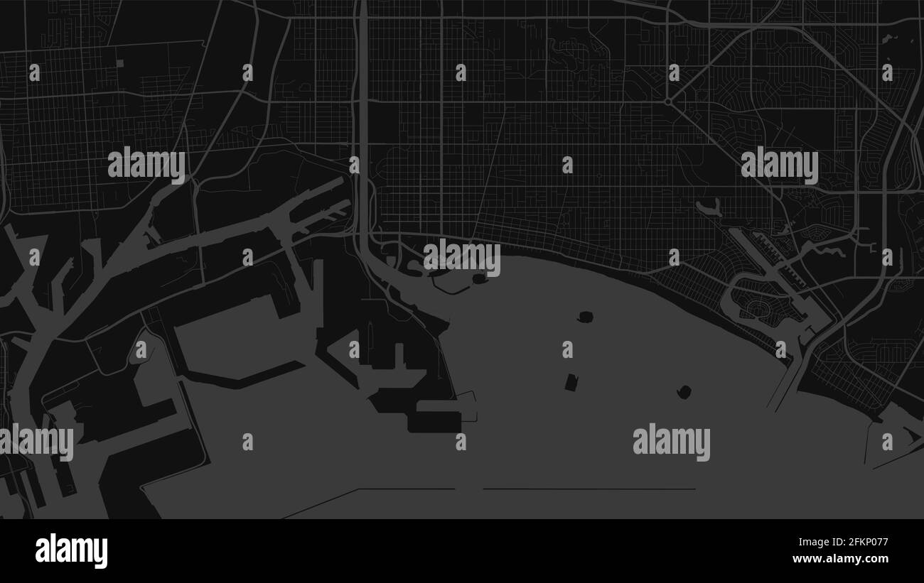 Gris oscuro y negro Long Beach área de la ciudad mapa de fondo vectorial, calles y cartografía de agua ilustración. Formato panorámico, diseño plano digital Ilustración del Vector