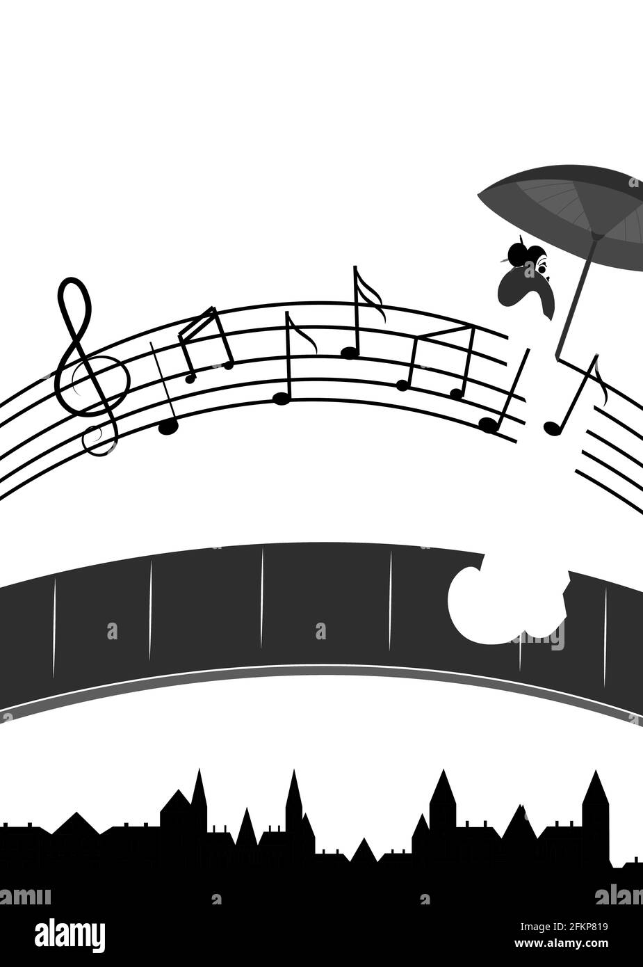 ilustración de un puente hecho de notas musicales y a. mujer cruzando el  puente con un paraguas Fotografía de stock - Alamy
