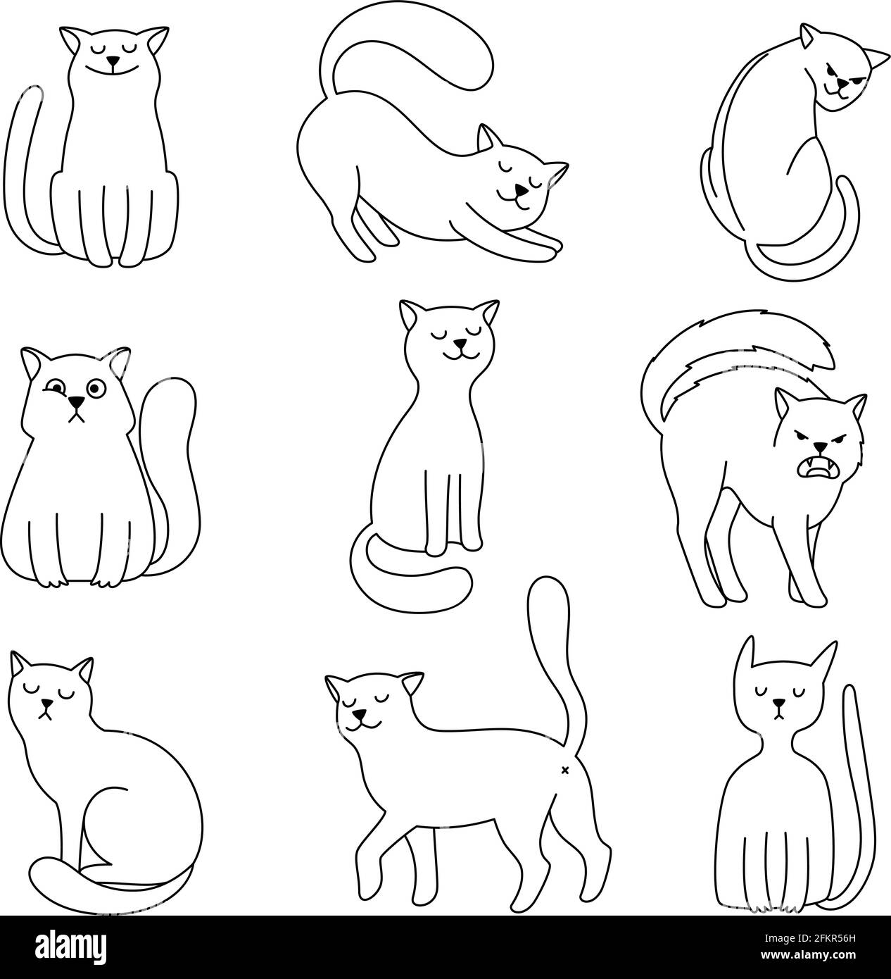 Croquis de caracteres Cat. Lindo gatito colección dibujada a mano, gatos  emociones divertidas y hambrientas, feliz y enojado ilustración vectorial  clipart Imagen Vector de stock - Alamy
