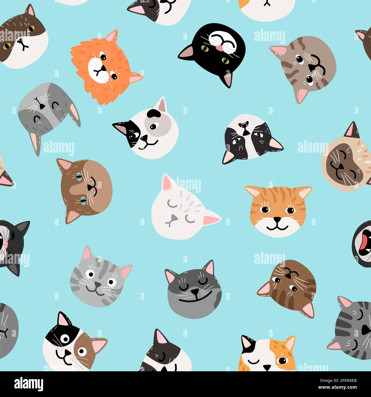 Patrón de caracteres de gatos. Lindos caras de gato sin costuras patrón,  pintado de color gatitos textura vectorial Imagen Vector de stock - Alamy