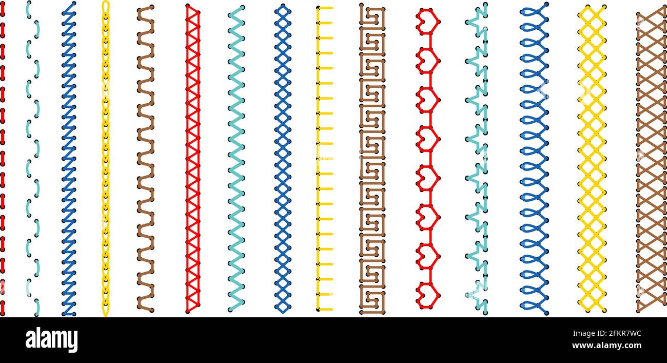 Conjunto de costura bordada. Puntadas en cruz y en línea patrones  vectoriales, bordes bordados bordados para costura artesanal y hilos de tela,  adornados ornamentos de colección de costura Imagen Vector de stock -