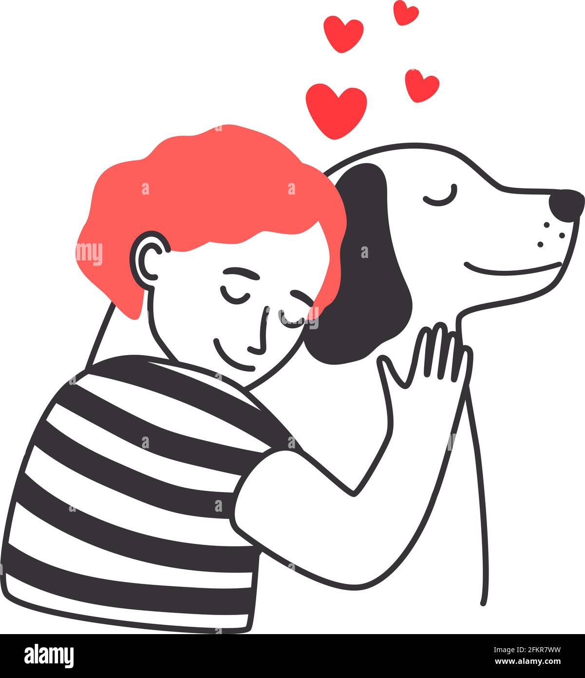 Amistad de niños y perros. Joven hombre acogedor abrazando lindo perro con  el cuidado y el amor, bosquejo actuando amoroso entre el hombre y el  cachorro aislado sobre fondo blanco, ilustración vectorial