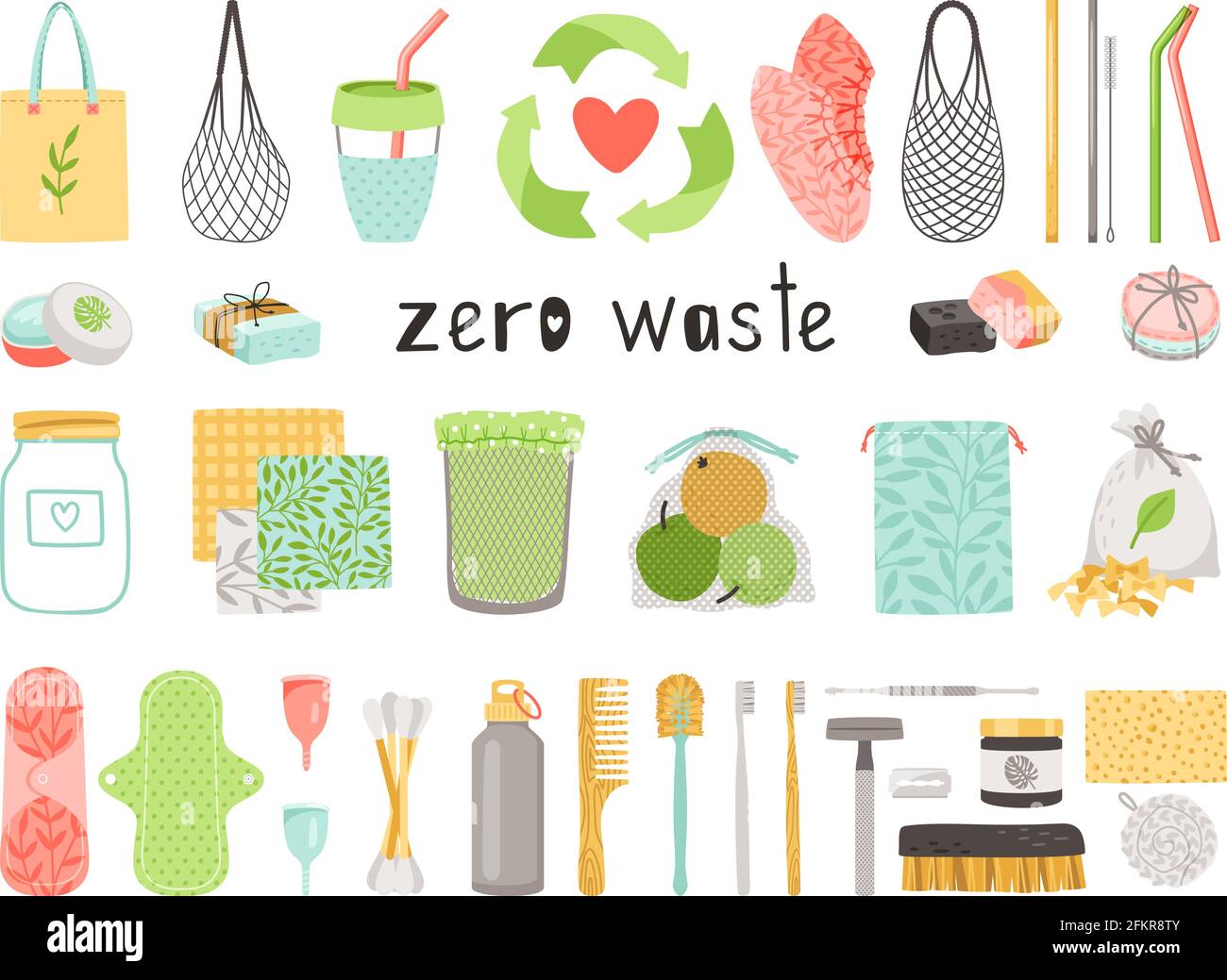 Cero residuos. Dibujos animados Elementos ecológicos naturales duraderos y  reutilizables para reducir los residuos de plástico, bolsa de lino y  cepillo de dientes de madera en la colección de objetos ecológicos aislados