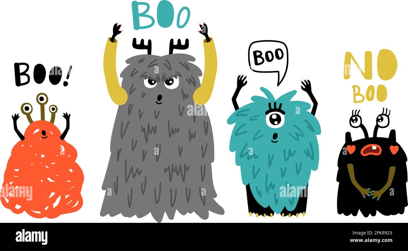 Dibujos animados lindo boo monstruos. Pequeños símbolos de terror,  ilustración vectorial de graciosos personajes extraños para la mascota  aislados sobre fondo blanco Imagen Vector de stock - Alamy