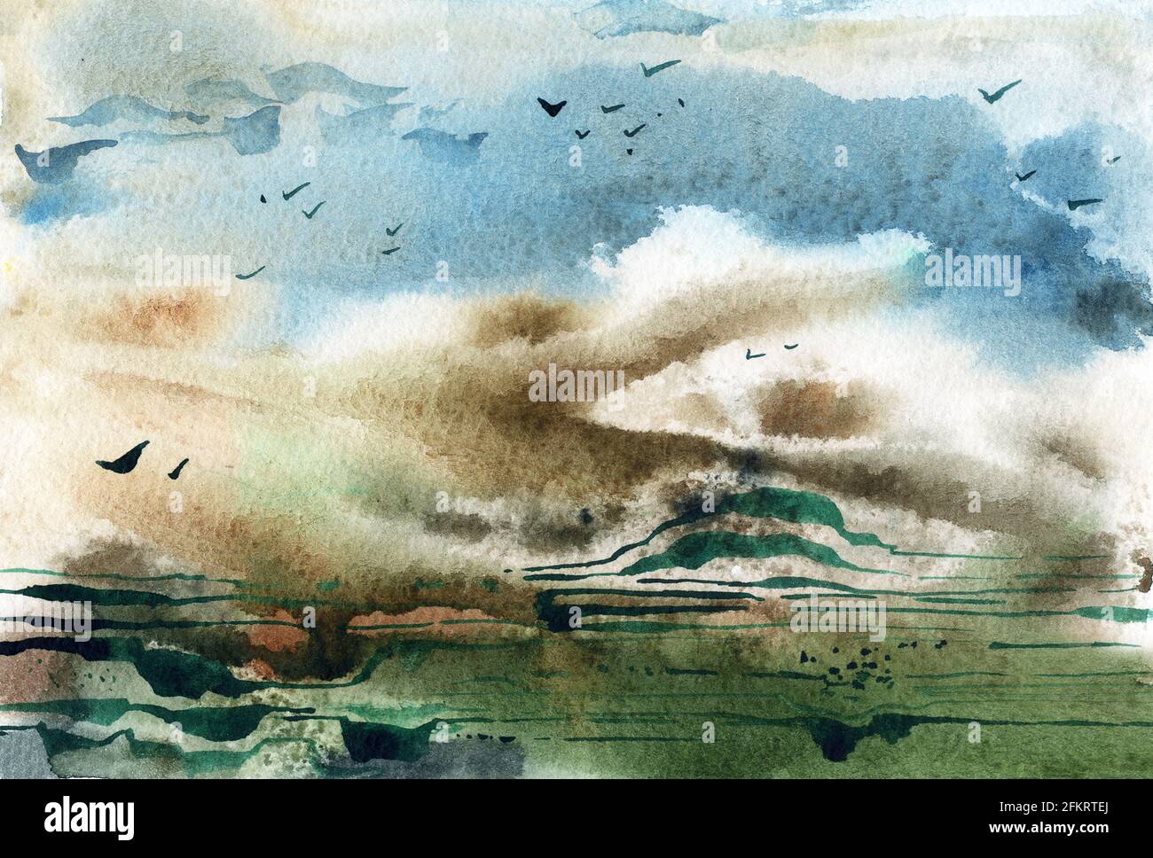 Ilustración de la acuarela de la tormenta de mar. Paisaje marino abstracto  olas aves. Ilustración de acuarela dibujada a mano con contornos borrosos y  manchas para el fondo, póster. Fondo azul y