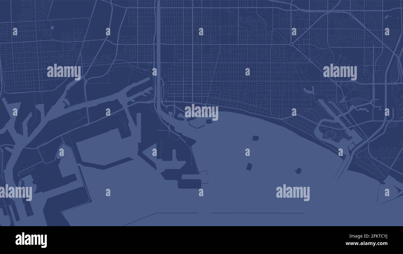 Azul oscuro Long Beach área de la ciudad mapa de fondo vectorial, calles e ilustración cartográfica de agua. streetmap de formato panorámico y diseño plano digital Ilustración del Vector