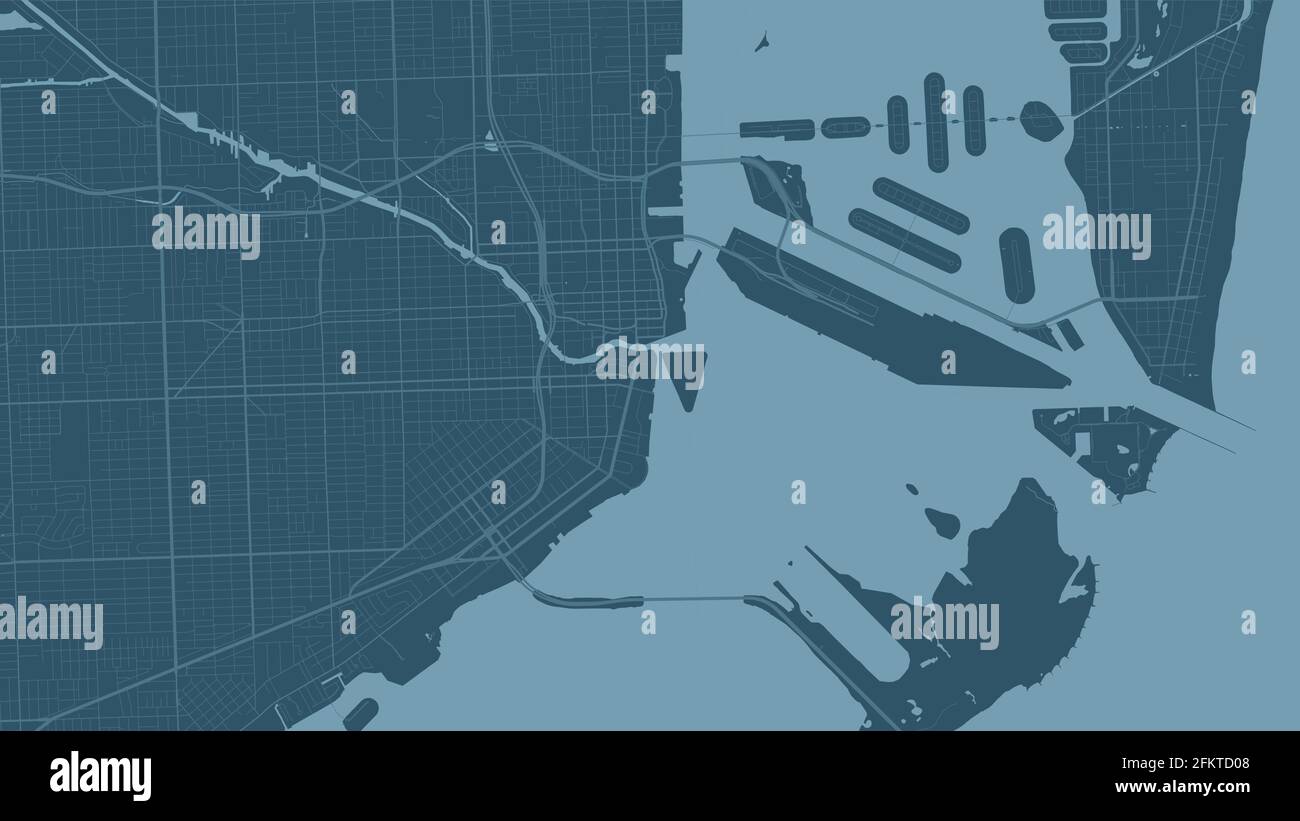Mapa de fondo vectorial del área de la ciudad de Miami azul, calles e ilustración cartográfica del agua. streetmap de formato panorámico y diseño plano digital. Ilustración del Vector