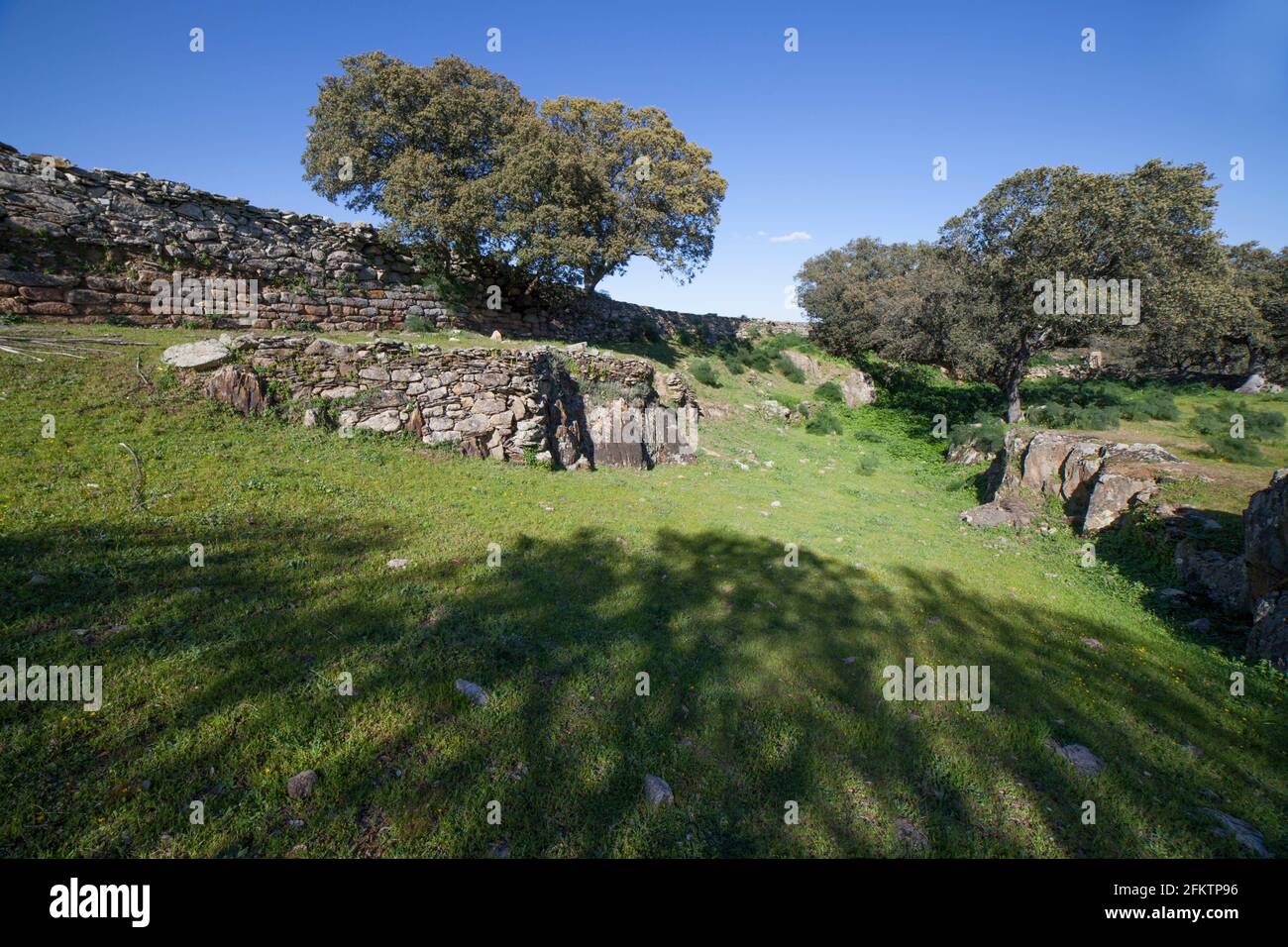 Yacimiento arqueológico de Tamusia, Botija, Cáceres, Extremadura. Foso. Oeste de la colina Hispano-Celta del pueblo Vettoniano. Foto de stock