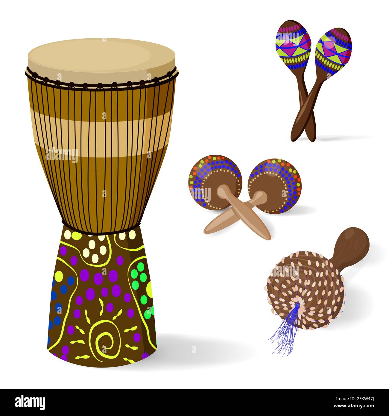 Un conjunto de instrumentos musicales étnicos africanos. Un tambor Jumbo y  varias maracas. Aislado sobre fondo blanco. Ilustración vectorial en estilo  de dibujos animados Imagen Vector de stock - Alamy