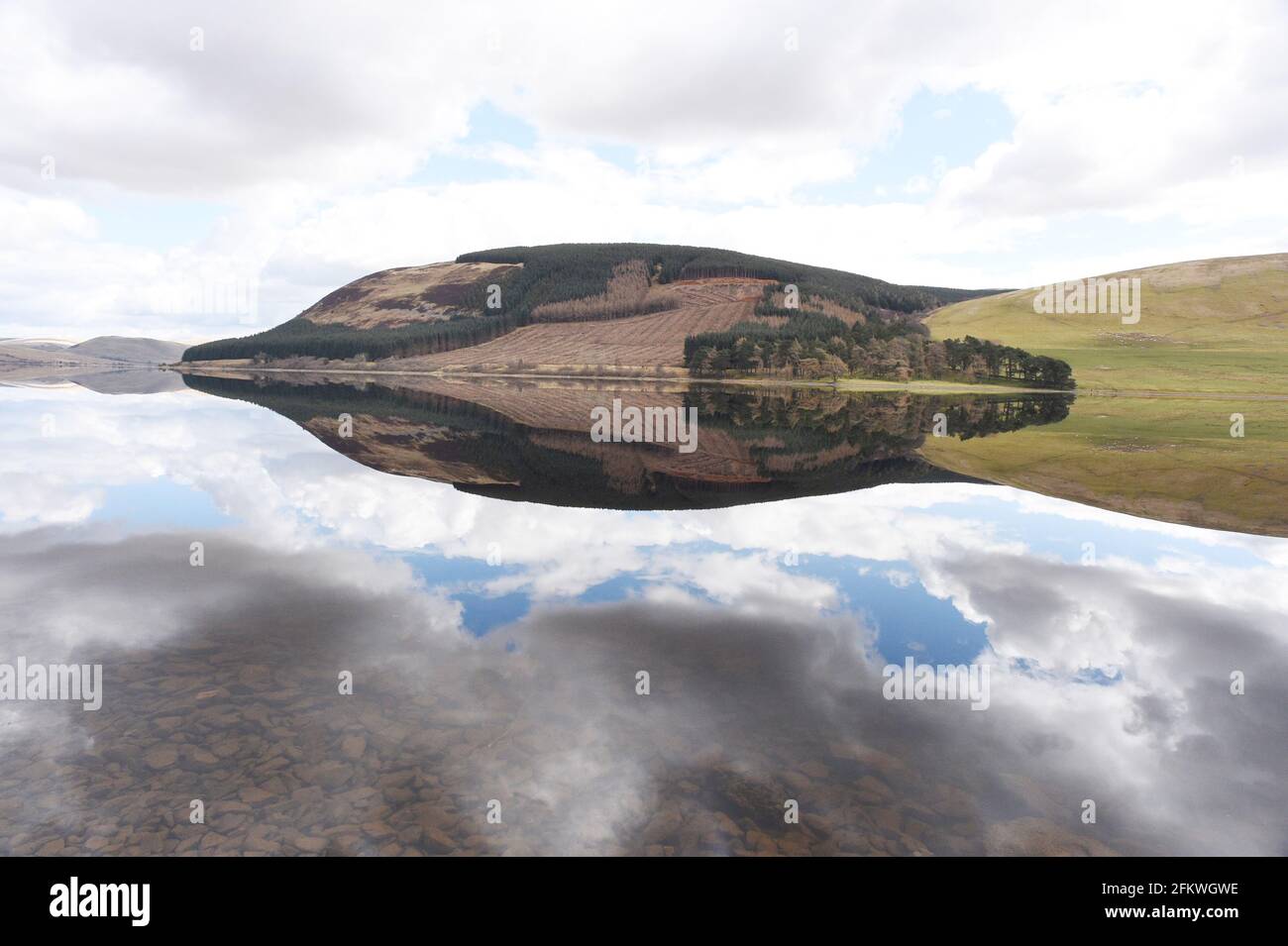 St Mary's Loch Selkirkshire. Escocia 14th Abril 21 Reflexiones sobre el lago de Santa María es el lago natural más grande de las fronteras escocesas, de 3,1 millas de largo Foto de stock