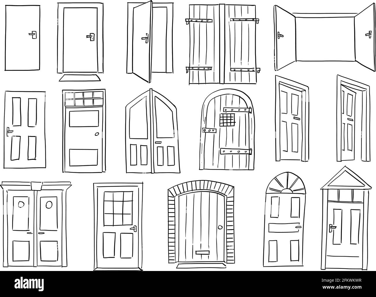 Conjunto de puertas y puertas, estilo antiguo y clásico, dibujo a mano de  dibujos animados Imagen Vector de stock - Alamy