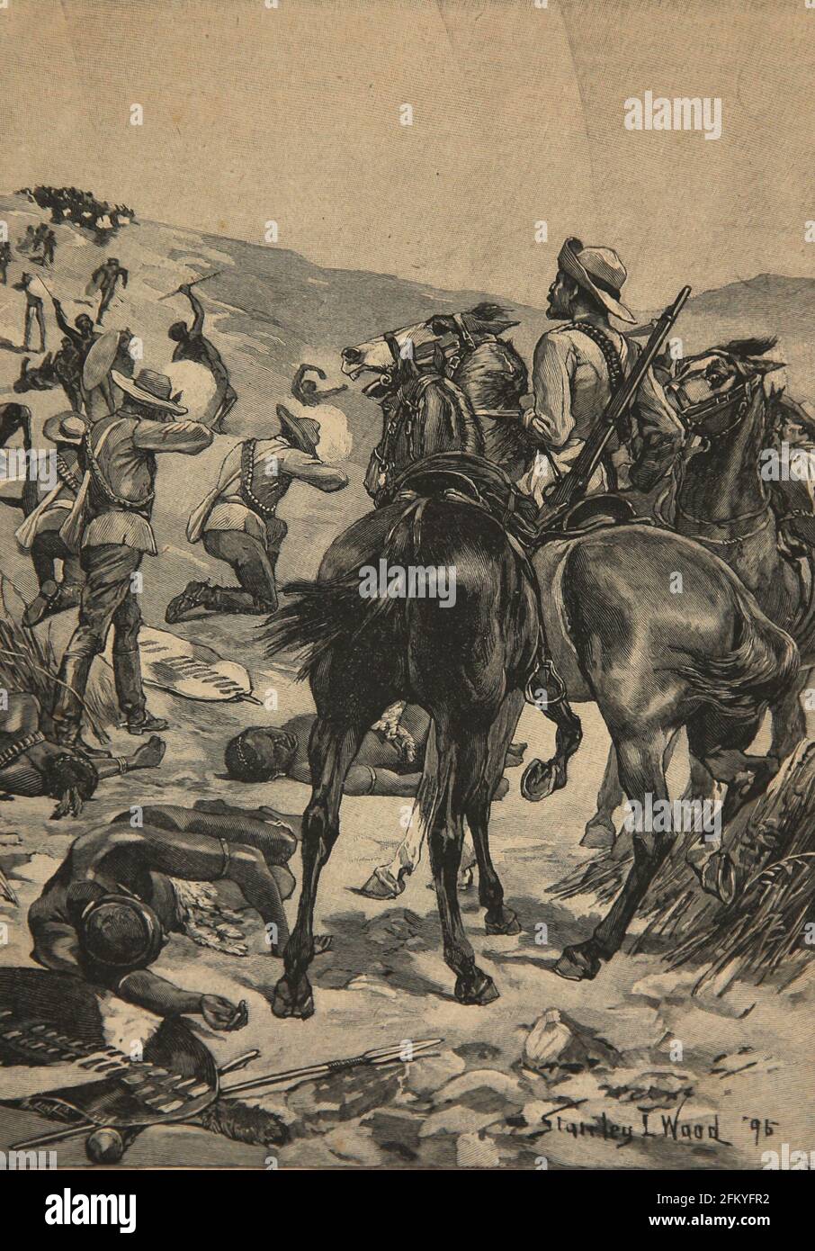 Anglo-Zulu Guerra entre el Imperio Británico y el Reino Zulú, 1879. Combate. Ilustración Ibérica, 1898. Foto de stock
