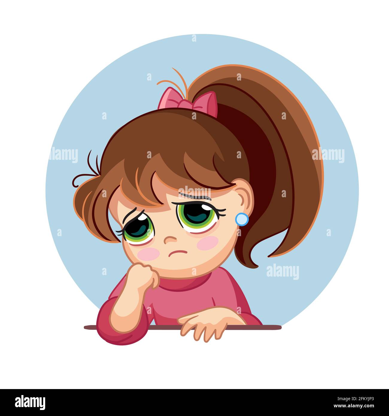 Lindo triste cara chica emoción ilustración vector. Personaje de dibujos animados. Ilustración vectorial aislada sobre blanco. Para avatar, pegatinas, impresión y diseño, correo Ilustración del Vector