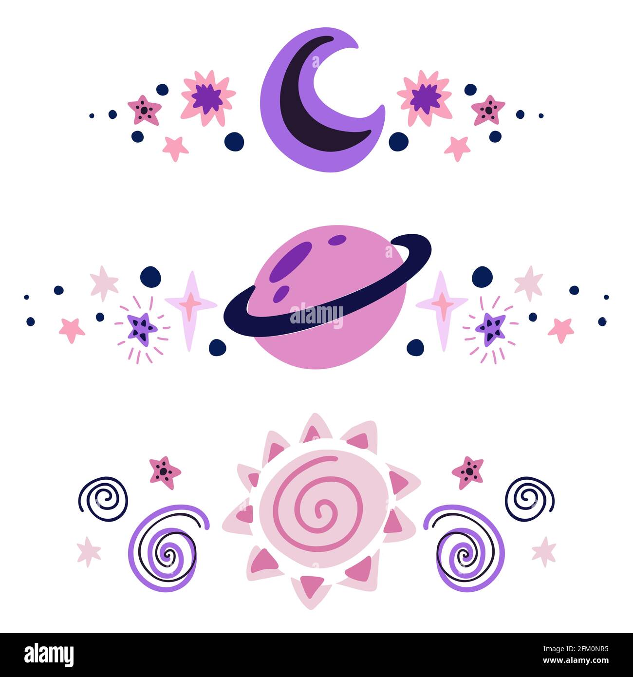 Conjunto de espaciadores con estrellas, sol, media luna y planeta.  Elementos de diseño del espacio vectorial. Delimitadores de texto del  cosmos del bebé plano dibujados a mano para artículos, invitatio Imagen  Vector