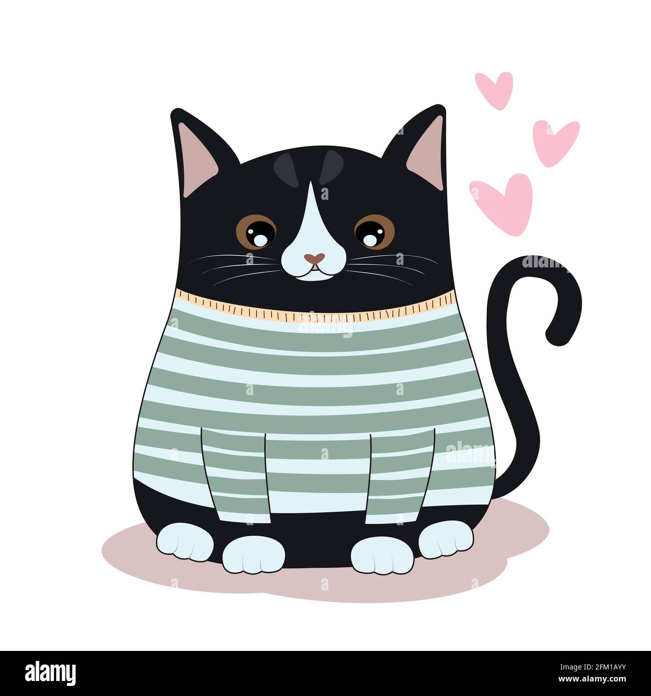Lindo gato negro de dibujos animados en la ropa. Ilustración vectorial