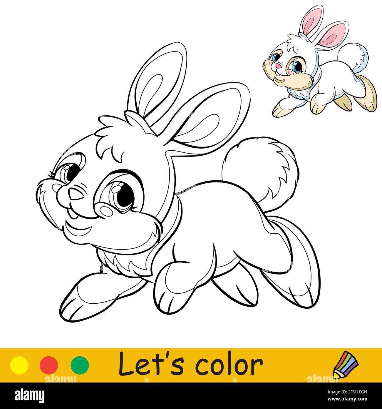 Lindo conejo saltando. Conejo de personaje de dibujos animados. Página de libro para colorear con plantilla de colores. Ilustración aislada de contorno vectorial. Para colorear libro, pre Imagen Vector de stock - Lindo conejo saltando. Conejo de personaje de dibujos animados. Página de libro para colorear con plantilla de colores. Ilustración aislada de contorno vectorial. Para colorear libro, pre Imagen Vector de stock -