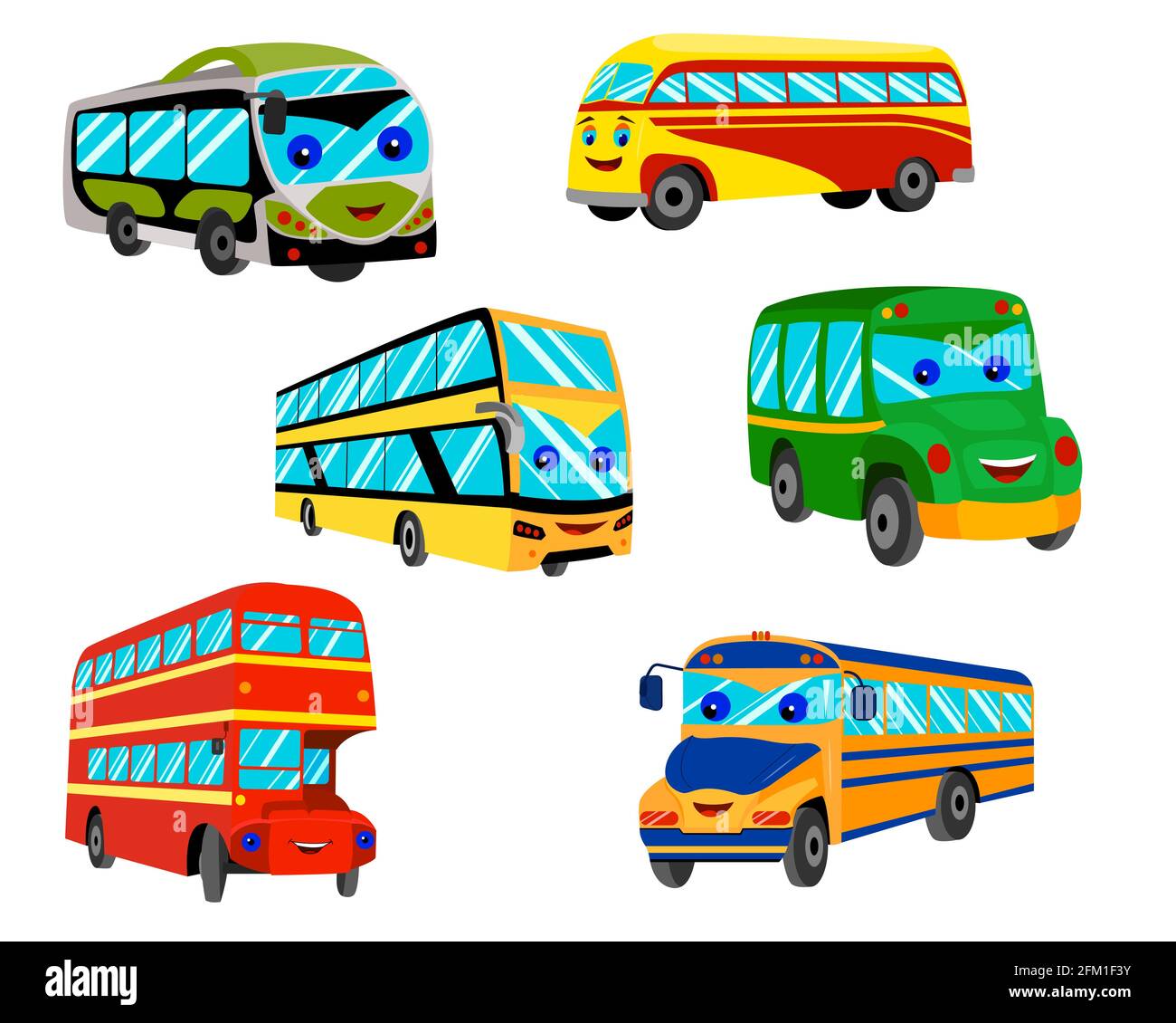un conjunto de autobuses de dibujos animados con los ojos y una sonrisa en  rojo, amarillo y verde. transporte urbano, autobús de dos pisos, autobús  escolar Imagen Vector de stock - Alamy
