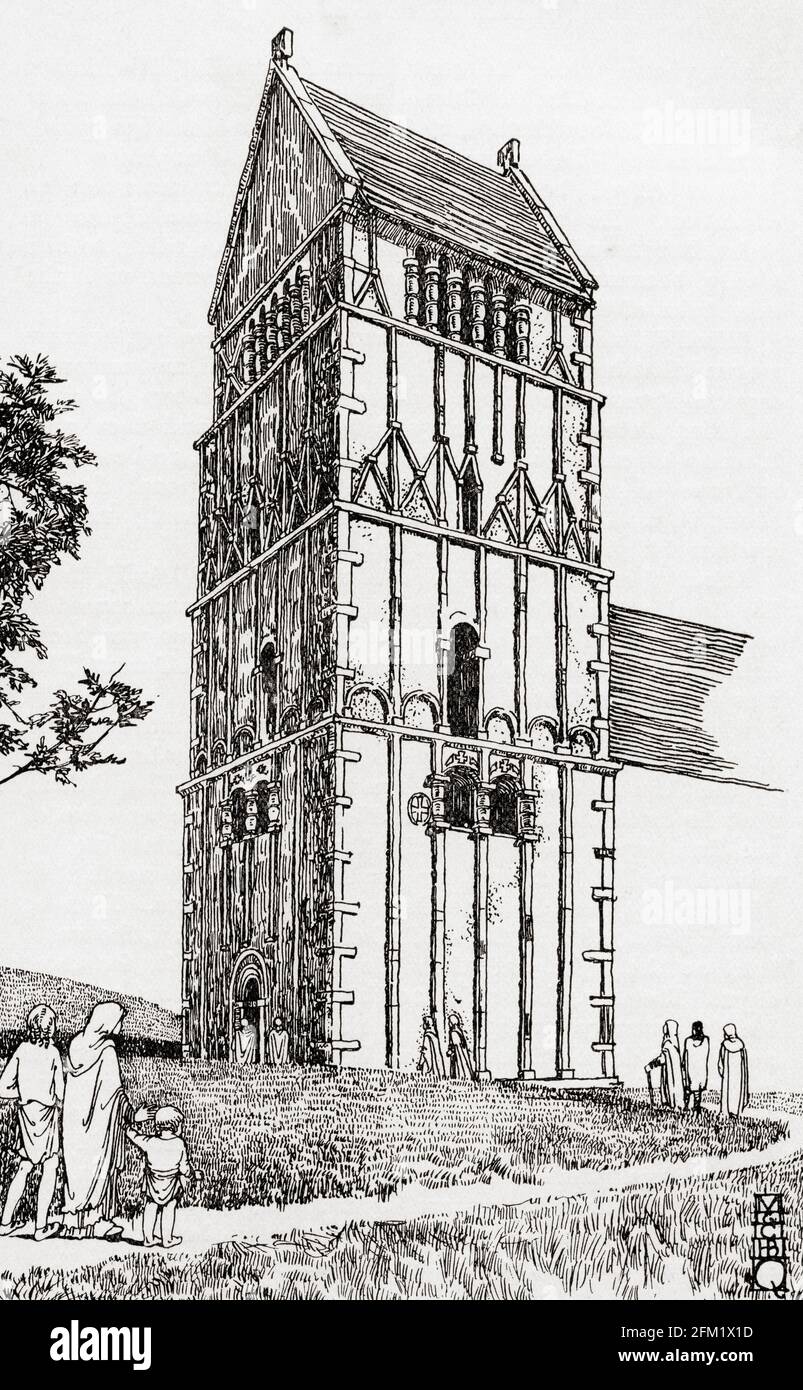La torre de la Iglesia de Todos los Santos, Earls Barton, Northamptonshire, Inglaterra. De Everday Life in Anglo-Saxon, Viking and Norman Times, publicado en 1926. Foto de stock