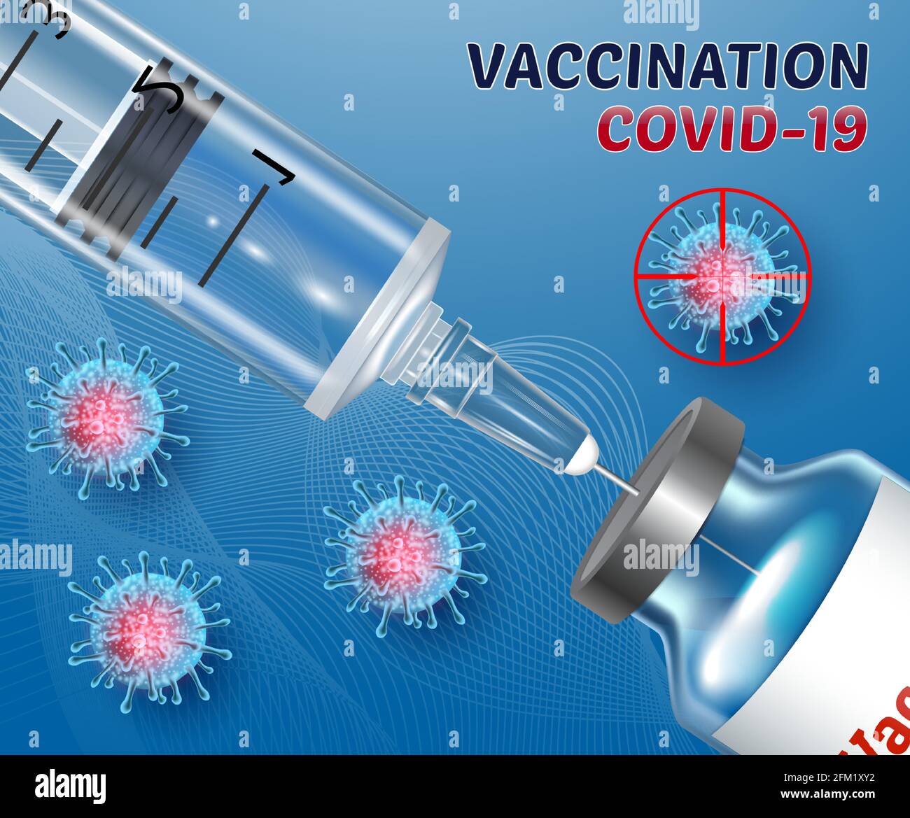 Vacunación de banner contra el Coronavirus Covid-19. Ampollas, viales de vacuna. Jeringa con inyección. ilustración de vectores 3d realista Ilustración del Vector